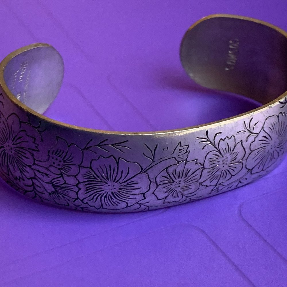 Vintage Genuine Pewter Flower of the Month Cuff Bracelet - Cosmos